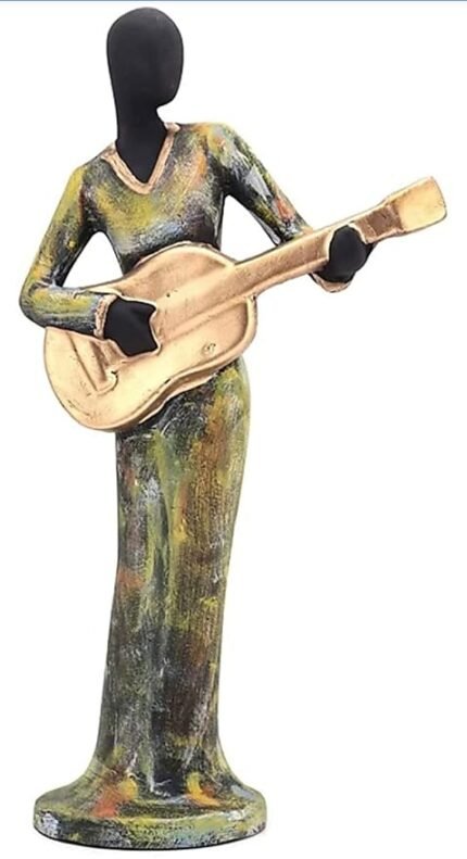 Handpainted Human Playing Musical Statue for Home Decor Decorative Showpiece - 34 cm (Polyresin, Green, Gold)